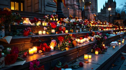 Naklejka premium Beautiful City Hall Steps Adorned with Colorful Flowers and Candles Creating a Serene Atmosphere in Urban Setting at Dusk