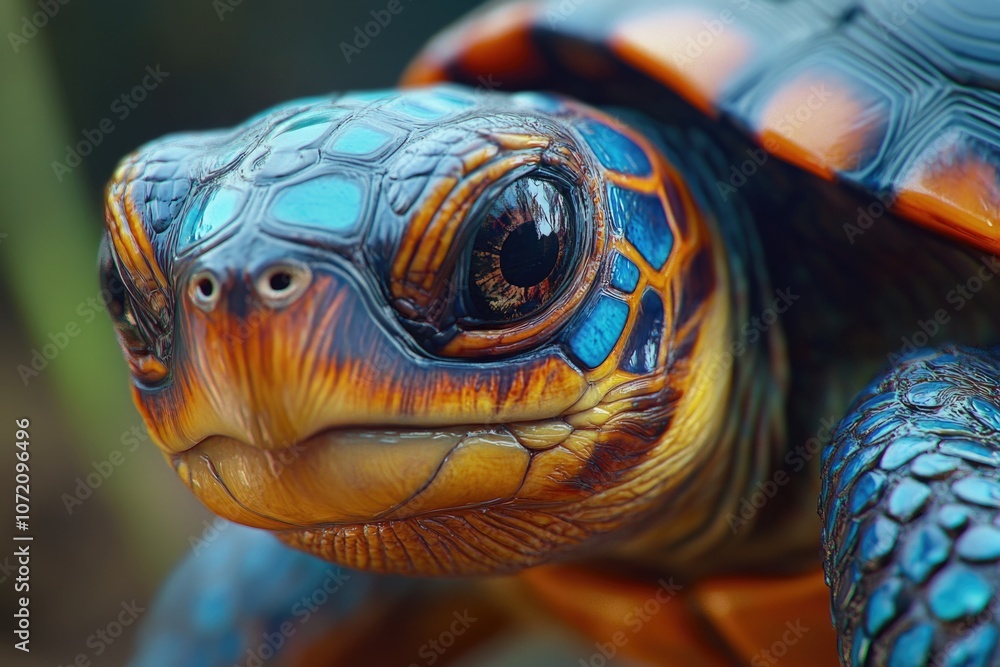 Poster a close-up view of a turtle's face with a blurred background