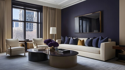 Fototapeta premium Elegant Living Room Design Featuring Future Dusk Color Contrast with Earthy Tones