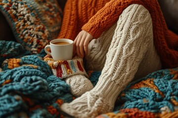 Cozy Setting with Warm Drink and Knitted Textiles