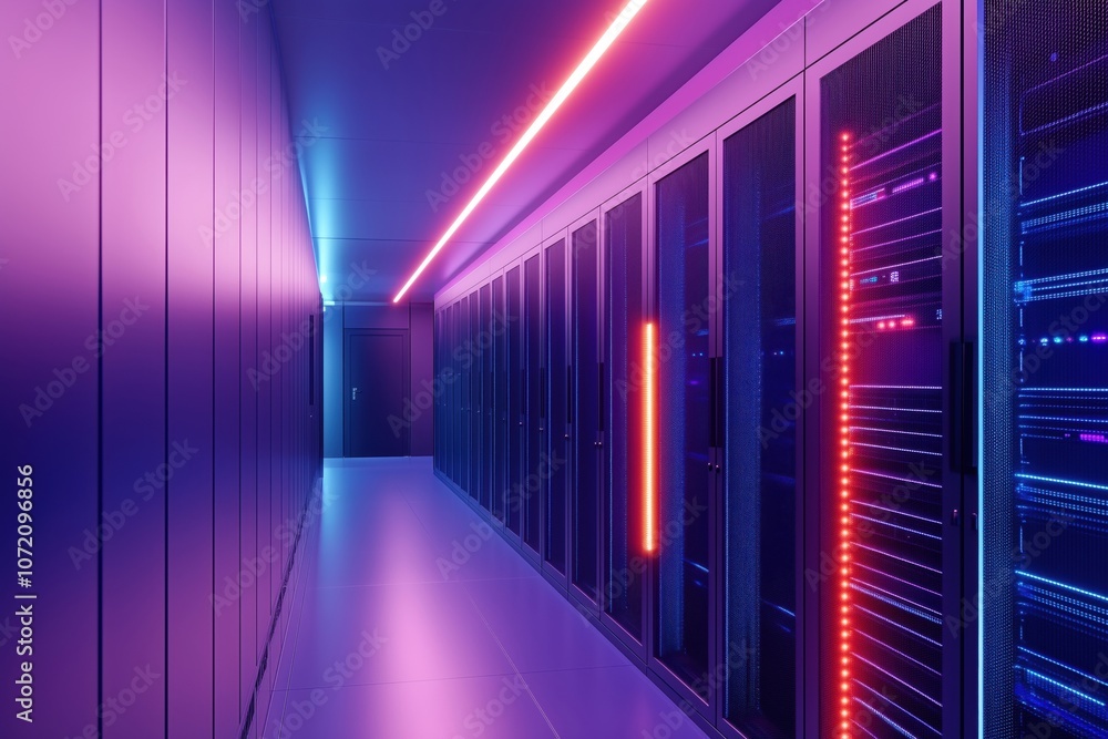 Poster data center corridor with illuminated server racks and modern lighting