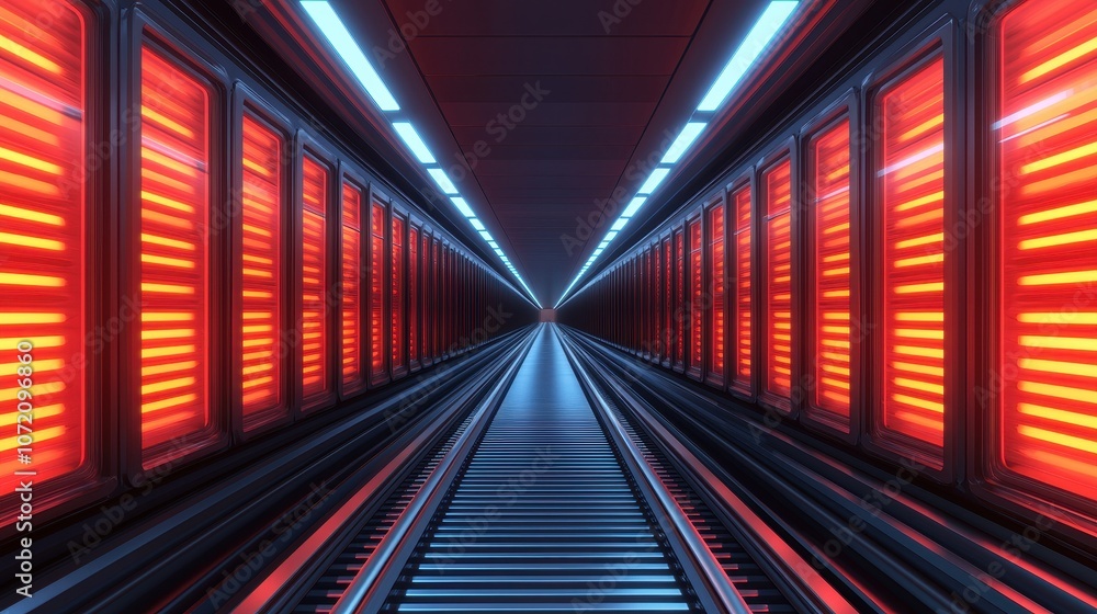 Poster futuristic abstract tunnel with vibrant red and blue lighting, creating a sense of depth and motion 