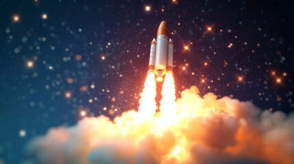 Naklejka premium Explosive rocket launch from a laptop, showcasing energy, ambition, and the drive for progress in the digital world. Suitable for themes related to e-commerce, online startups, and