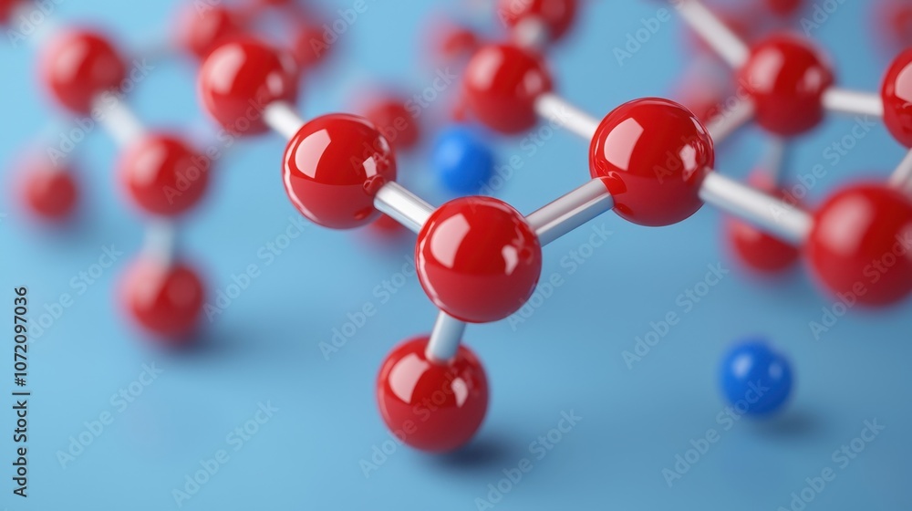 Poster close-up view of colorful molecular structure featuring red and blue atoms on a soft blue background