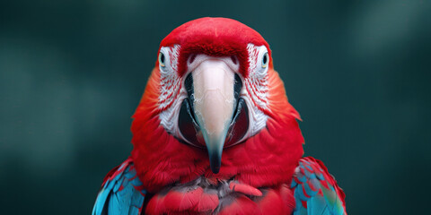 Bird day. Front view of a scarlet macaw with intense red feathers and piercing gaze, captured against a dark, contrasting background that highlights its vivid colors.

