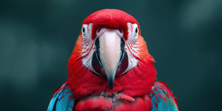 Bird day. Front view of a scarlet macaw with intense red feathers and piercing gaze, captured against a dark, contrasting background that highlights its vivid colors.
