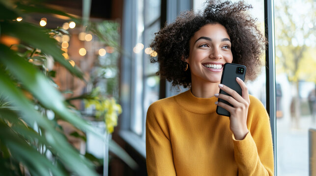 Happy young professional speaking on a mobile phone by the window, capturing a relaxed and friendly vibe. Perfect for content related to remote work, customer service, and modern c