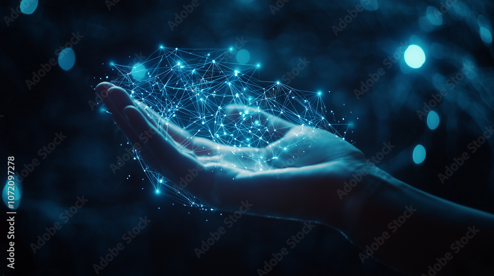 Poster concept of artificial intelligence and connectivity, with a hand presenting a holographic network of