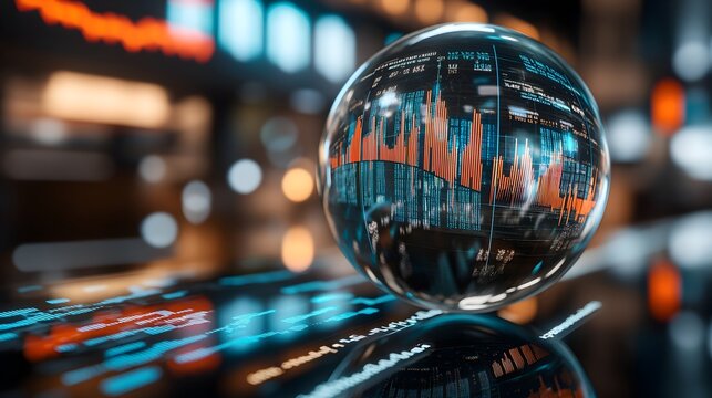 Futuristic crystal ball reflecting a market chart symbolizing the power of predictive analytics and data driven decision making in the financial sector