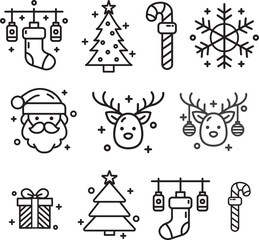 Whimsical Christmas and Holiday Season Line Art Icon Collection for Festive Decorations and Designs