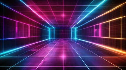 Neon Grid Virtual Space with Colorful Lights