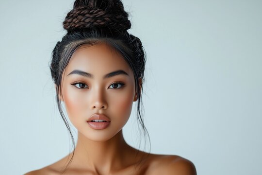 A woman with a bun on her head and a smile on her face