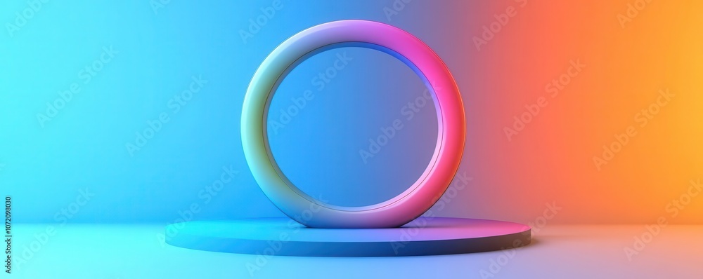 Poster a vibrant 3d ring structure on a circular base, illuminated with gradient colors of blue and orange,