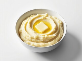 Creamy mashed potatoes topped with butter, served in a white bowl, invitingly soft and comforting.