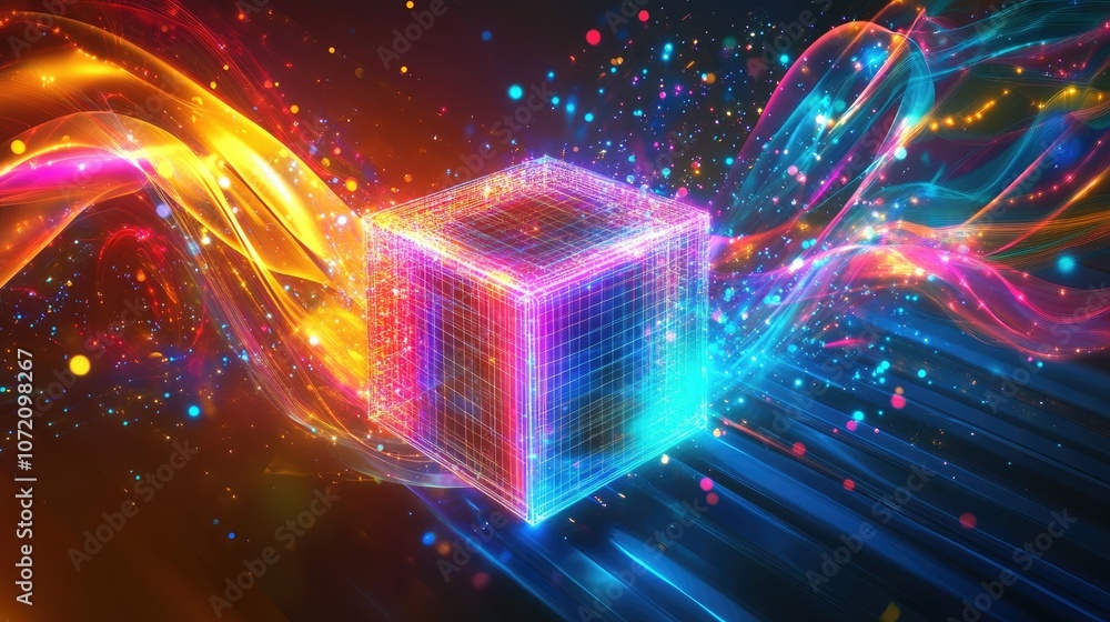 Poster colorful abstract cube with light swirls and particles