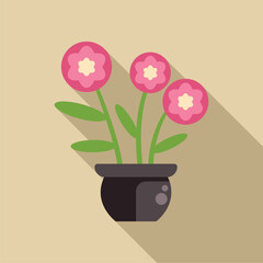 Pink flowers growing in a black pot, simple flat design with long shadow, perfect for nature and gardening projects