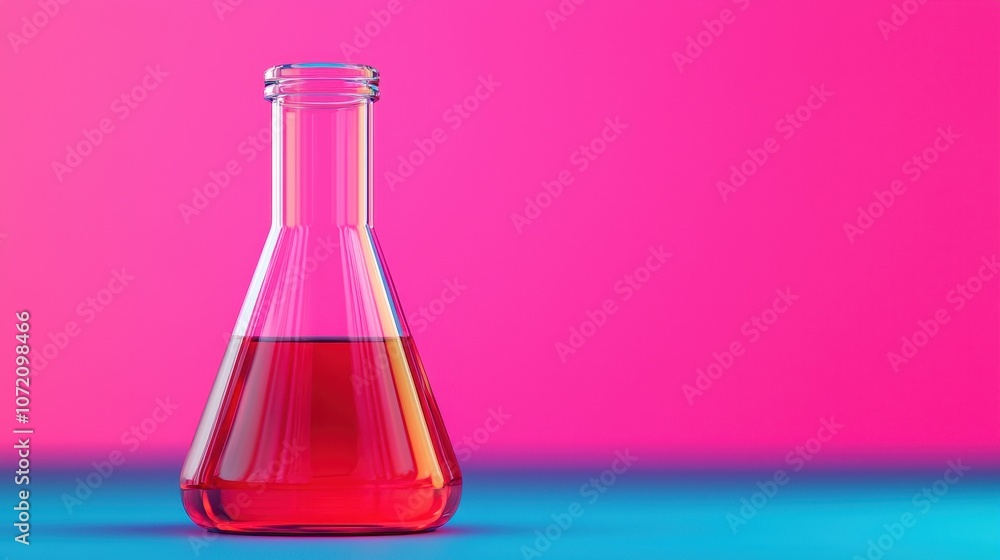 Poster brightly colored laboratory flask with red liquid against a vibrant pink and blue background for cre