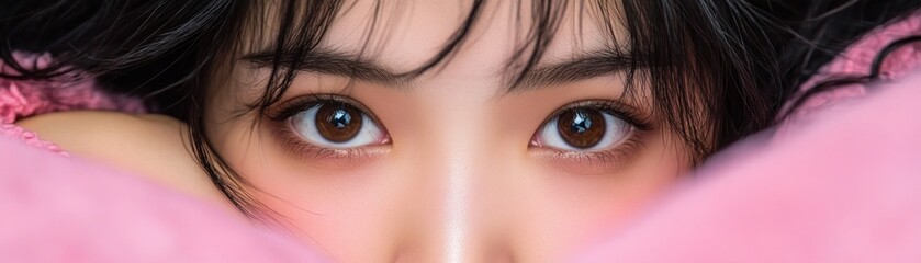 Fototapeta premium Captivating Eyes, Pink Hues A Look of Confidence and Playfulness This image exudes a vibrant energy, perfect for projects needing a touch of fun and optimism Use it for social media, presentations