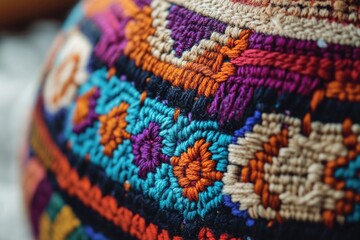A close-up view of a colorful pillow on a bed