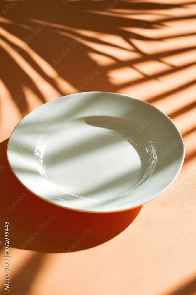 Poster a single white plate sits on top of a table in a clean and simple setting