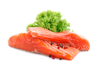Pieces of fresh salmon, peppercorns and lettuce isolated on white
