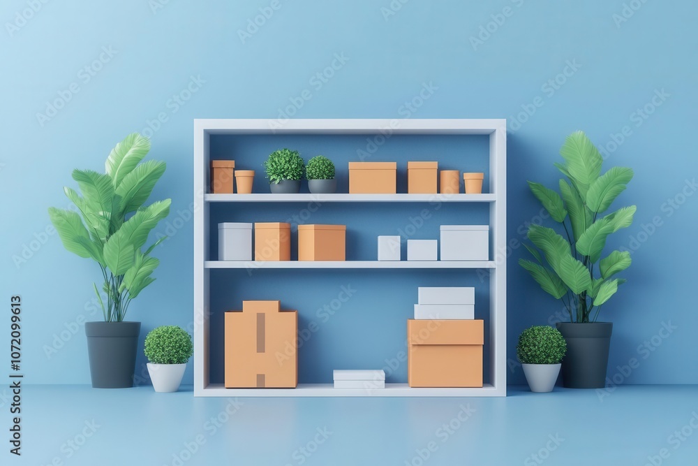 Poster a modern shelving unit displays neatly arranged boxes and greenery against a blue wall, creating a f