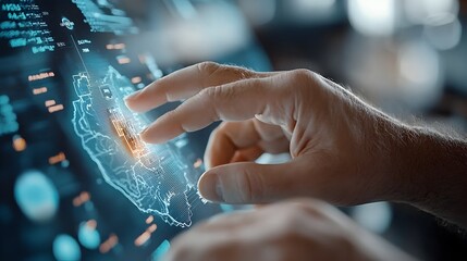Close up Hands Interacting with Futuristic Holographic Financial Data Screens