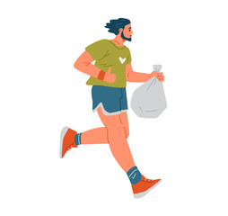 Plogging concept. Man running and collecting garbage flat vector illustration isolated on white.
