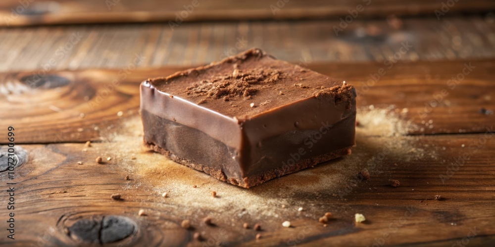 Poster close-up of a rich, decadent chocolate dessert on a rustic wooden surface. the dark chocolate is smo