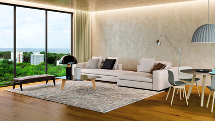 Large luxury modern bright interiors Living room mockup illustration 3D rendering image