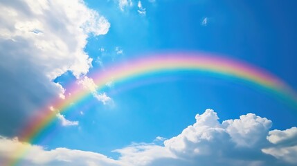 Beautiful rainbow in a blue sunny sky with clouds.