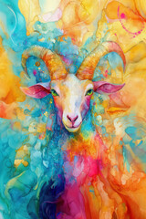 christmas goat, magic fantasy, alcohol ink painting, psychedelic abstract, bright saturated background
