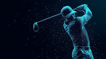 Holographic Golfer Swinging in Neon Minimalistic Digital Backdrop