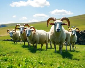 Fototapeta premium Curved-horned Wiltshire sheep in a picturesque green landscape, enjoying the sunshine beneath a bright blue sky
