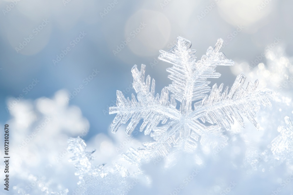 Poster a detailed view of a single snowflake resting on a snowy surface