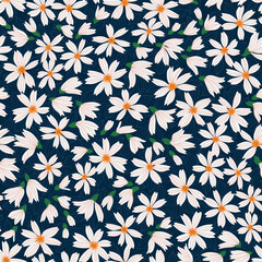 Seamless floral pattern. Beautiful bouquet of small white flowers. Chamomile flowers on dark  blue background in trendy fashion vintage style. Stock vector for prints on surface.