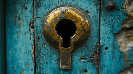Keyhole close-up in an old door, vintage entrance