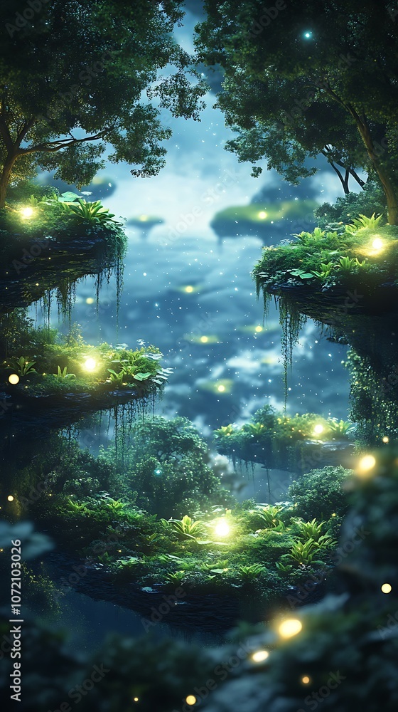 Poster surreal space-time futuristic serene forest view with glowing elements at dusk