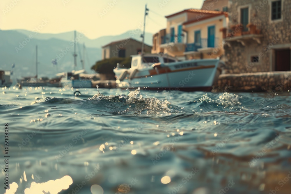 Poster a serene scene featuring multiple boats docked or moored at the water's edge, ideal for use as a bac