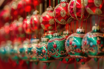 Naklejka premium A bunch of Christmas ornaments hanging from strings, ideal for holiday decorations and celebrations