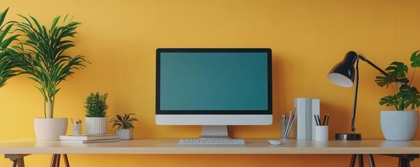 Fototapeta premium A modern workspace featuring a computer, desk lamp, and various plants against a vibrant yellow wall.