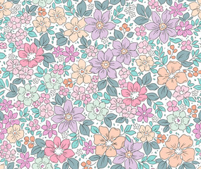 Beautiful floral pattern in small liberty flowers. Small light colorful flowers. White background. Ditsy print. Floral seamless background. Vintage template for fashion prints.