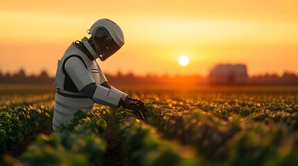 Fototapeta premium Robotic Farming at Sunset A Glimpse into the Future of Sustainable Agriculture