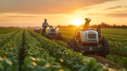 Fototapeta premium Robotic Machines Assist With Farming as Sun Sets Over Lush Crop Field With Vibrant Orange Sky