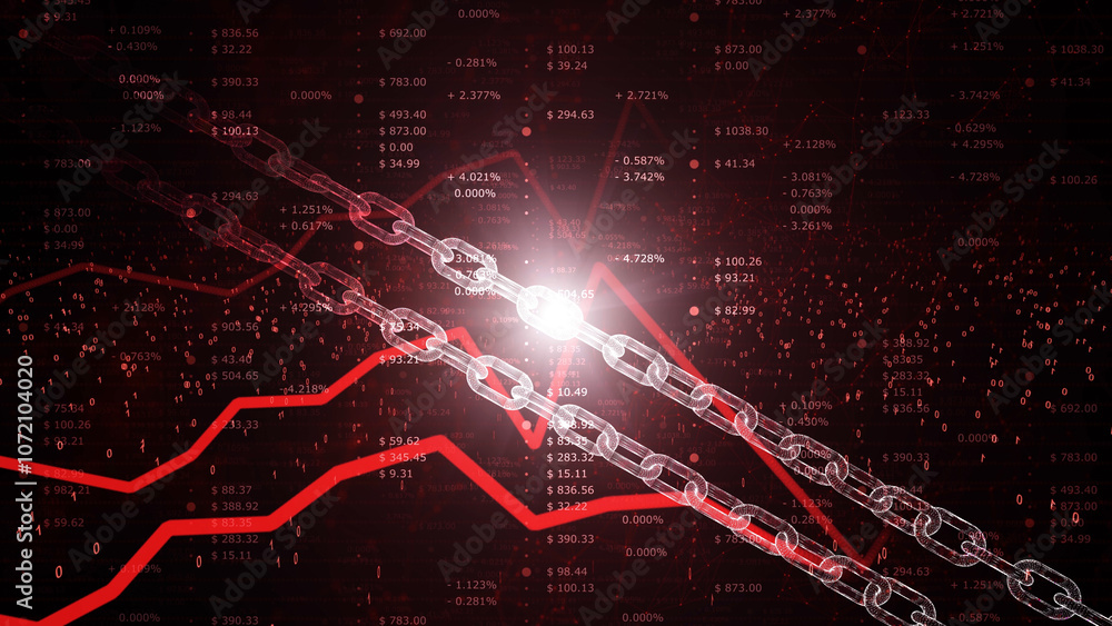 Poster shiny 3d chain blockchain cryptocurrency data mining. business recession illustration.
