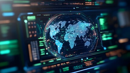 Futuristic Digital Holographic Globe with Glowing Data Points and Neon Accents Global Technology Theme
