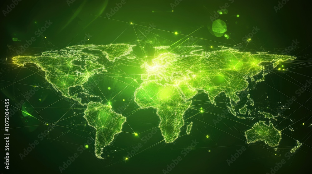 Poster green map of earth with floating plexus design