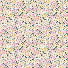 Vintage floral background. Floral pattern with pale pastel flowers on a white background. Seamless pattern for design and fashion prints. Ditsy style. Stock vector illustration.