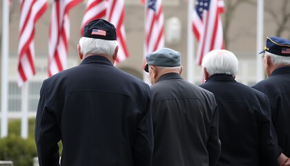 Photo of gerra veterans paying tribute to fallen soldiers on Memorial Day, standing in front of U.S. flags. . Generative AI