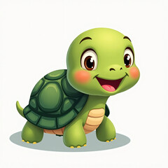 Obraz premium Cute cartoon turtle with a friendly smile and bright green shell, embodying playfulness and charm in a delightful illustration perfect for children's themes and educational materials